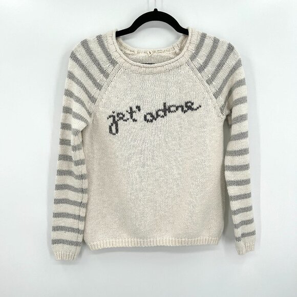 ANTHROPOLOGIE Moth White Gray Striped Knit Jet' Adore Crew Neck Sweater Small - Picture 1 of 7